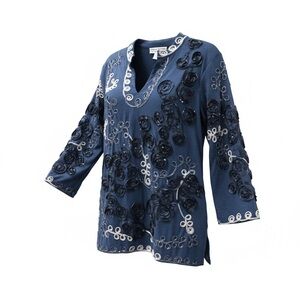 Lauren Michelle Navy Tunic Top 3D Rosette Appliqué Embroidered Size M